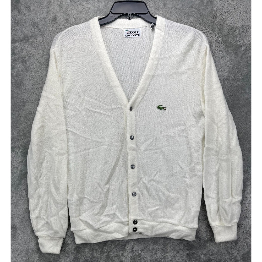 VTG Izod Lacoste Men's Cardigan Sweater‎ Sz L Ivory Alligator Logo Grandpa